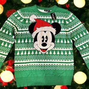 Disney MICKEY MOUSE  ADORABLE Christmas Sweater Green White ADULT SIZE Large EUC